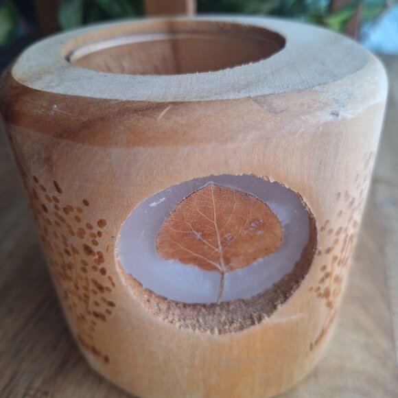 Wooden Candle Holder Leaf Fall Rustic Tree Cabin Cottage Country Wax 5 Inch Tall - Picture 4 of 10